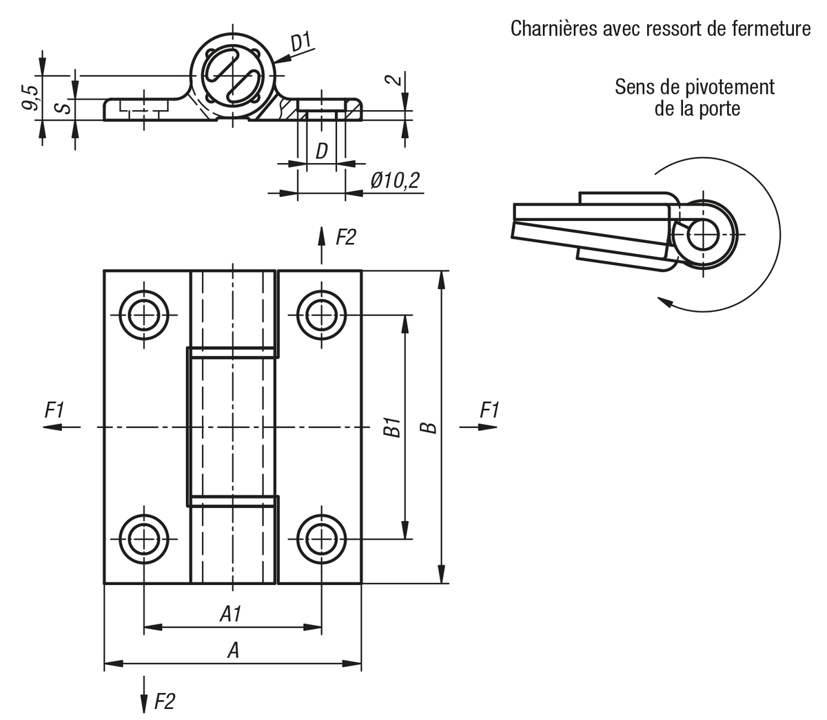 Charnières à ressort profil aluminium 0,35 Nm, fermeture à ressort