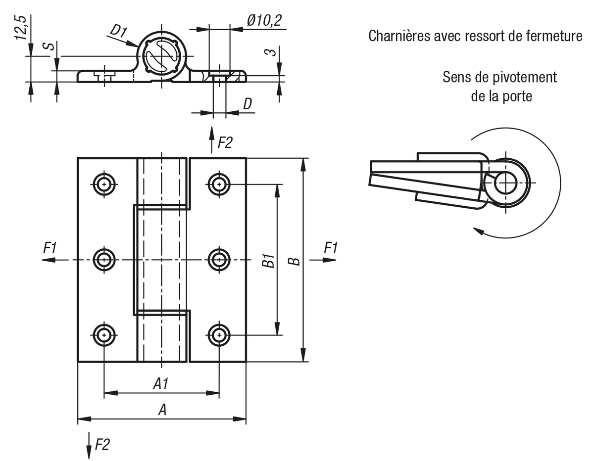 Charnières à ressort profil aluminium 3,8 Nm, fermeture à ressort