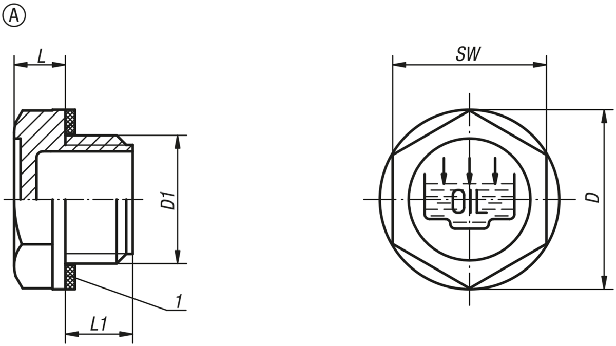 Bouchon fileté, forme A, avec symbole remplissage