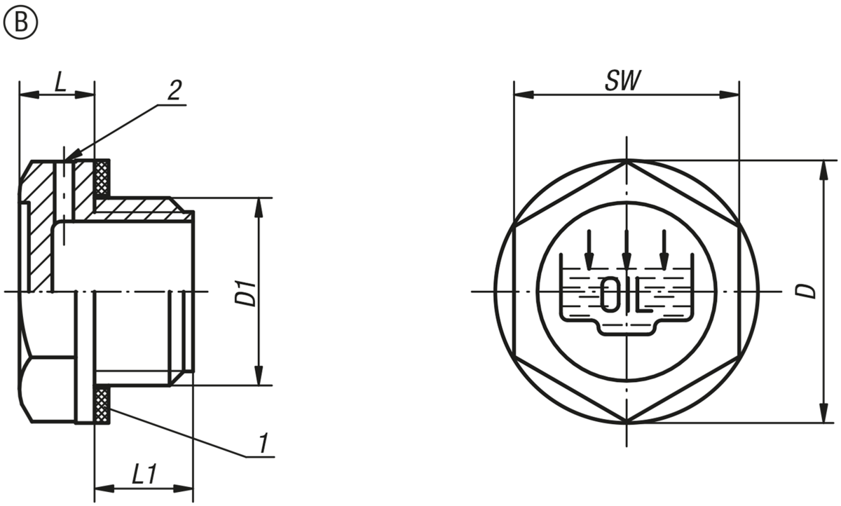 Bouchon fileté, forme B, avec symbole remplissage et évent