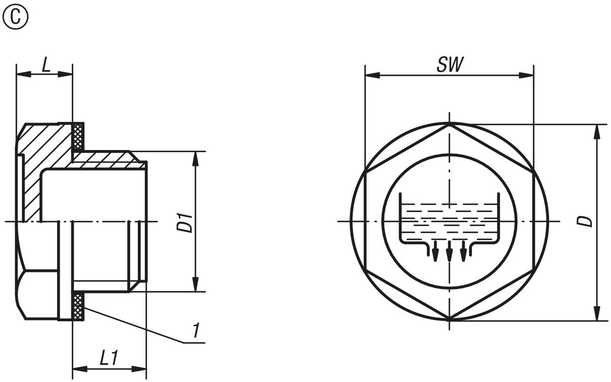 Bouchon fileté, forme C, avec symbole vidange