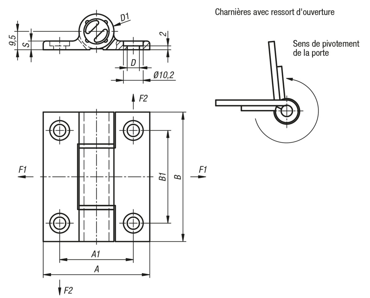 Charnières à ressort profil aluminium 0,35 Nm, ouverture à ressort