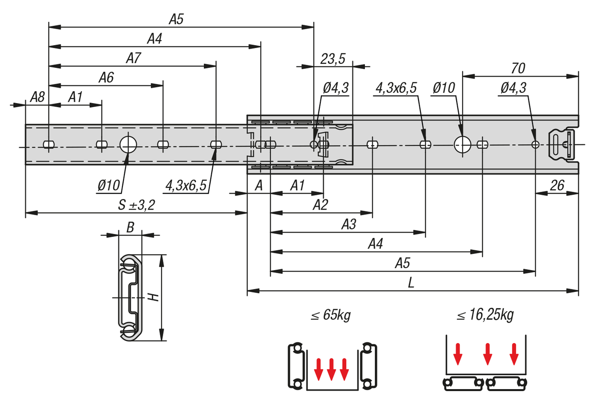 Glissières télescopiques en inox pour montage latéral, extension partielle, portance jusqu'à 65 kg