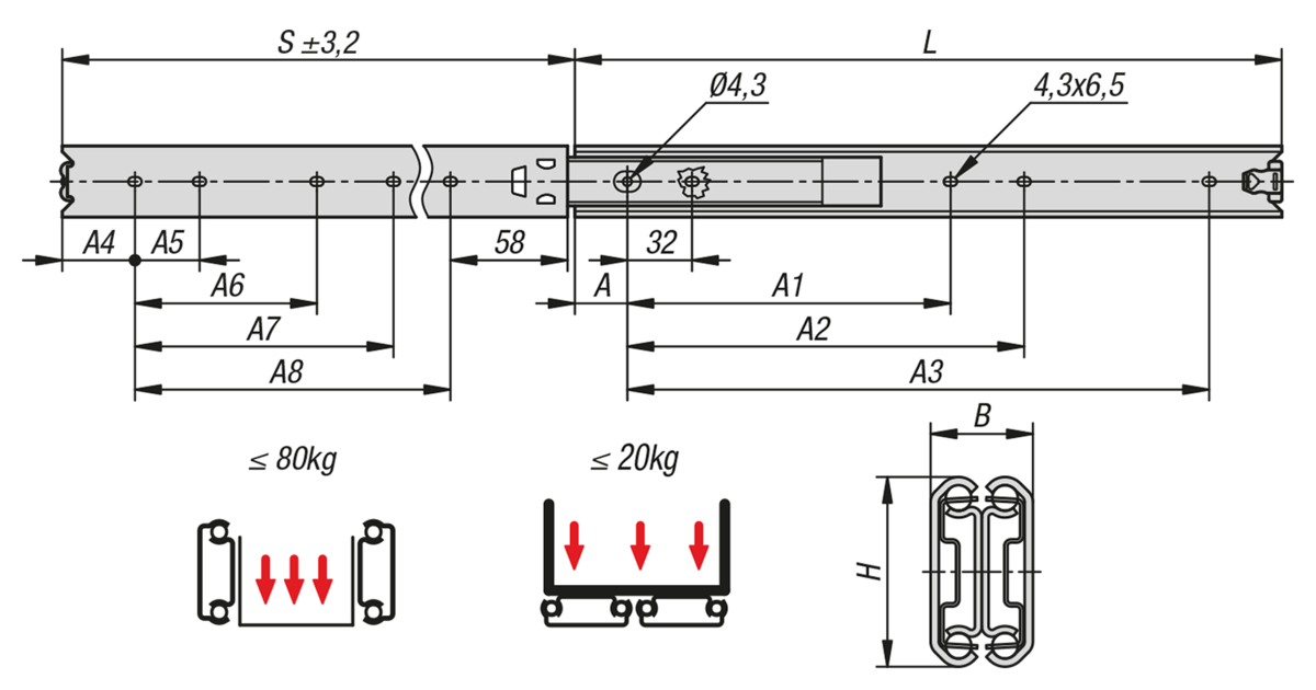 Glissières télescopiques en inox pour montage latéral, extension intégrale, portance jusqu'à 80 kg