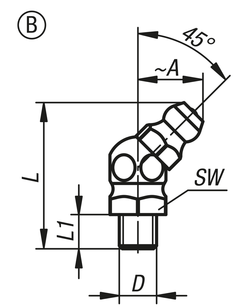 Graisseur, forme conique, suivant DIN 71412, forme B, coude à 45°, hexagonal