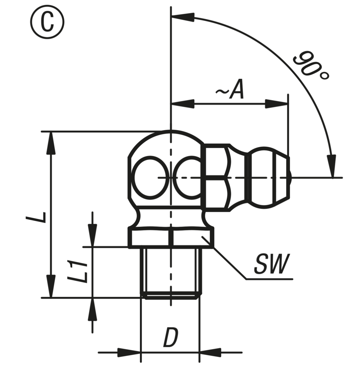 Graisseur, forme conique, suivant DIN 71412, forme C, coude à 90°, hexagonal