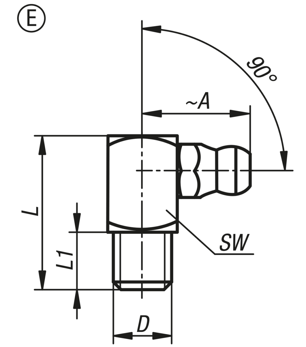 Graisseur, forme conique, suivant DIN 71412, forme E, coude à 90°, carré