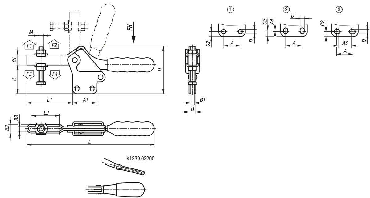 Sauterelle à levier horizontal avec embase verticale et broche de pression réglable