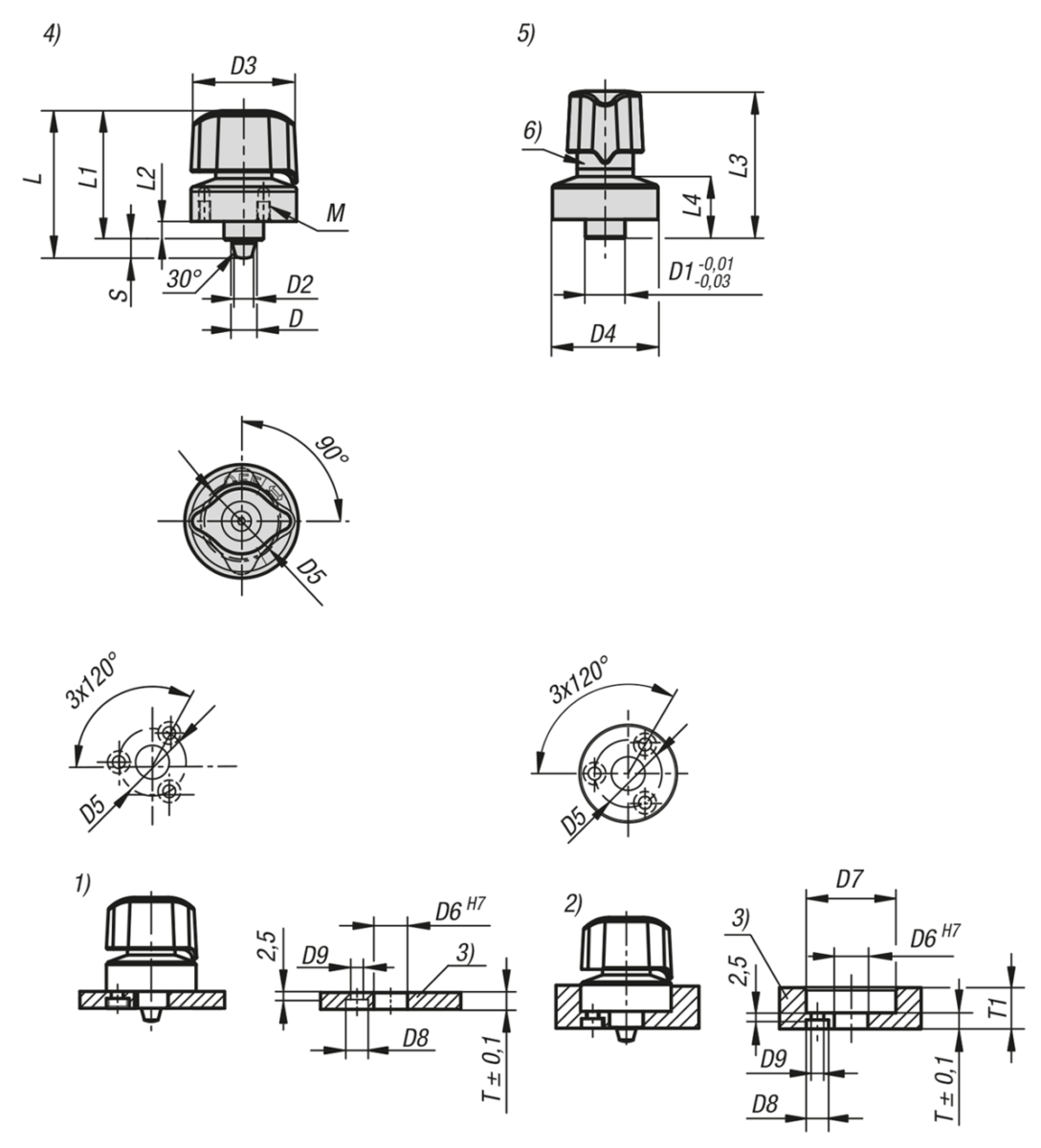 Doigt d'indexage en acier avec bouton rotatif, tête rotative en plastique et doigt d'arrêt conique, forme A