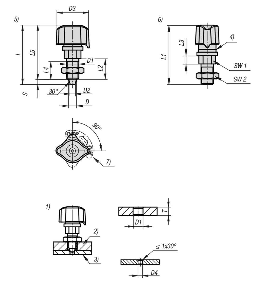 Doigt d'indexage en acier avec bouton rotatif, tête rotative en plastique et doigt d'arrêt conique, forme B