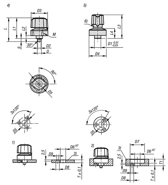 Doigt d'indexage en acier avec tête rotative et doigt 
d'arrêt conique, Forme B